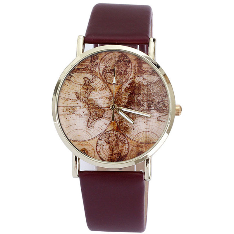 World Map Leather Band Quartz Wrist Watch