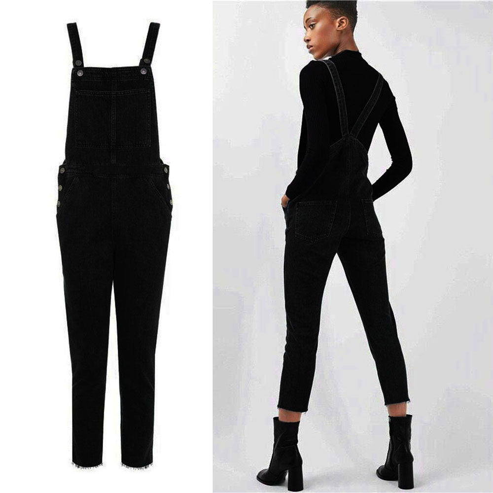 Women's Black Overall Pants Casual Jumpsuit Jeans Pockets Trousers