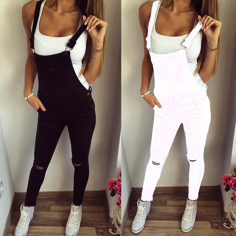 Women Loose Denim Bib Hole Pants Overalls Jeans Demin Trousers Jumpsuit