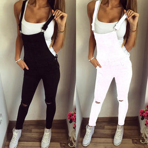 Women Loose Denim Bib Hole Pants Overalls Jeans Demin Trousers Jumpsuit
